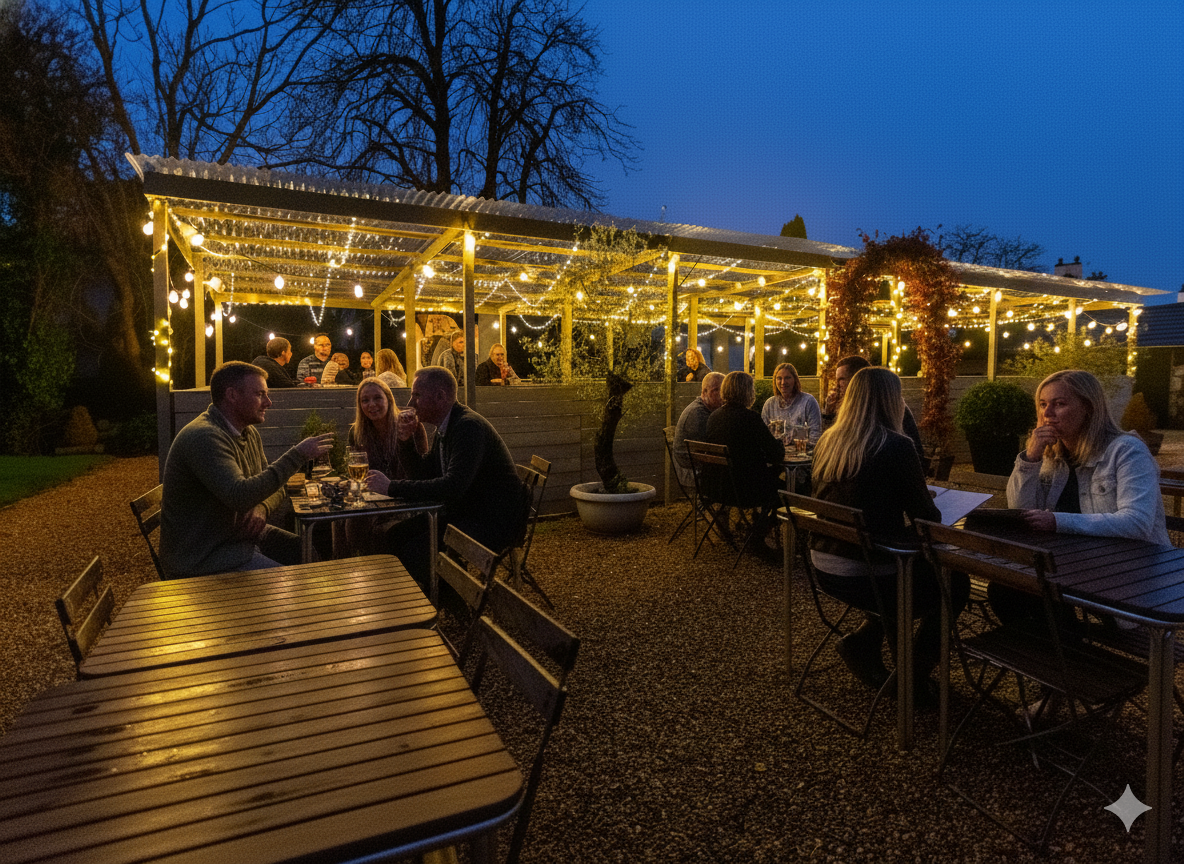 Outdoor dining area at The Cavendish Arms with festoon lighting